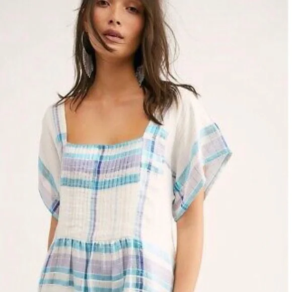 Free People Mini Dress White Blue Metallic Plaid S - Picture 3 of 13